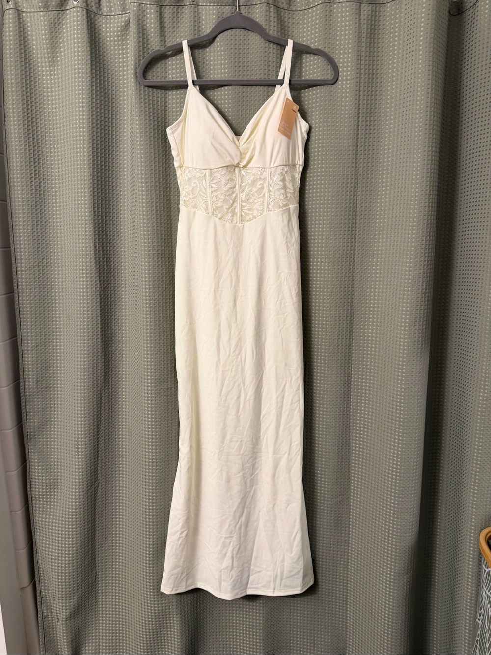 Cream Lace-Accented Maxi Slip Dress with V-Neck